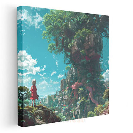 Yeşil Şehir - Kırmızı Elbise Anime Kanvas Tablo