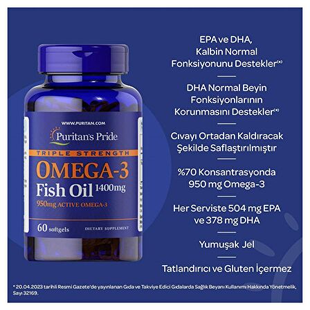 Puritan's Pride Omega 3 1400 Mg 60 Kapsül - AROMASIZ