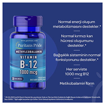 Puritan's Pride Vitamin B12 1000 Mcg 30 Tablet - AROMASIZ