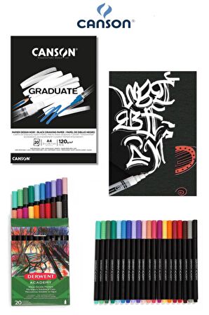 Canson Black Drawing Siyah Çizim Defteri 120g 20 Yp Derwent Academy Water-soluble Marker 20 Renk