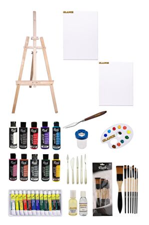 Rich 120 Cc Akrilik Boya +fanart 12x12 Ml Yağlı Boya Seti+50x70+35x50 Tuval Ikili Şövale Seti