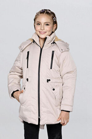 çift cepli çıkarılabilir şapkalı mont krem