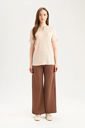 Regular Fit Cepli Krep Geniş Paça Pantolon