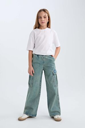 DeFacto Kız Çocuk Kargo Cepli Wide Leg Geniş Bol Paça Jean Pantolon D4690A824WNNM39