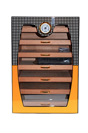 Cohiba Sarı-Gri Nokta Desenli 7 Çekmeceli Sedir Humidor Puro Kutusu
