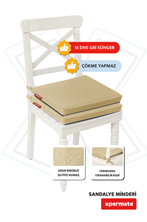 Xpermate Fermuarlı 2'li Sandalye Minderi Su İtici Kumaş 40x40Cm Sünger Sandalye Minderi Bağcıklı Bej