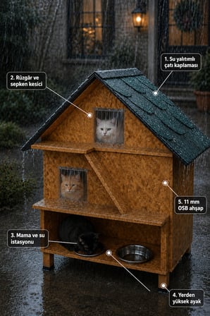 Kedi evi kedi yuvası kedi mama ve su istasyonu hazır kurulu gelmektedir su ve ısı yalıtımıdır