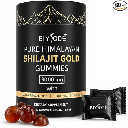 BIYODE Pure Himalayan Shilajit Gold KSM 66 + Black Musli & Gokshura 60 Gummies