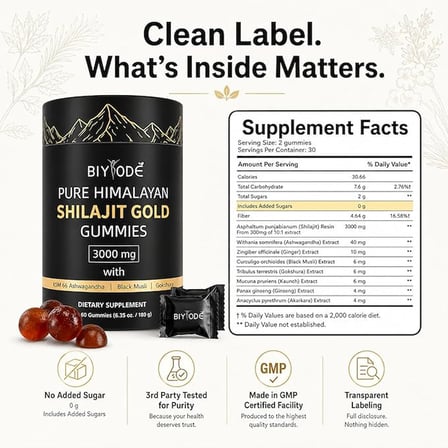 BIYODE Pure Himalayan Shilajit Gold KSM 66 + Black Musli & Gokshura 60 Gummies