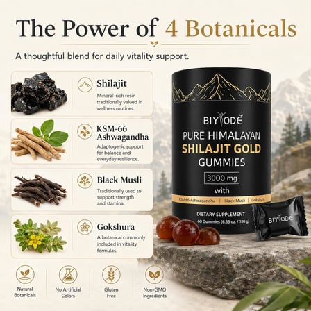 BIYODE Pure Himalayan Shilajit Gold KSM 66 + Black Musli & Gokshura 60 Gummies