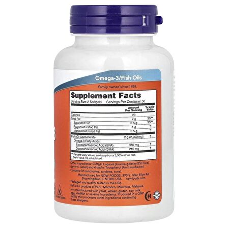 Now Foods Omega-3 Fish Oil 100 Softgels