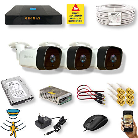 3 Kameralı Set - Hareket Algılayan Gece Görüşlü 36 IR Led 5MP Sony Lensli 1080P Full HD Metal Kasa Güvenlik Kamerası Seti 5236