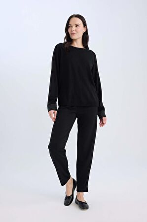DeFacto Pantolon Straight Fit Lastikli Bel Piliseli Basic Düz D4405AX24WNBK81