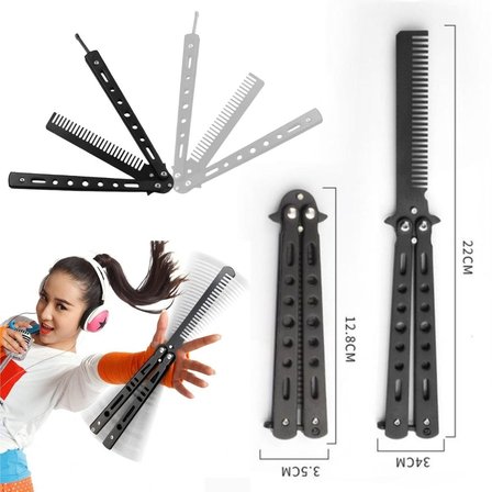 Roichil® Siyah Katlanabilir Paslanmaz Çelik Kelebek Bıçak Tarak Sakal Bıyık Fırçası Profesyonel Saç Kesimi İçin Tarak