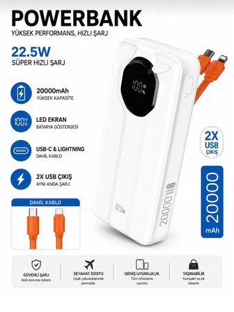 Acl PW-107 Powerbank 20000 mAh 22.5W Type-C & Lightning Kablolu LCD Ekranlı Beyaz