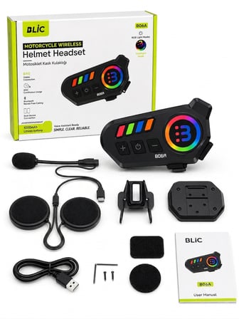 B06A Bluetooth 6.0 Motosiklet Kask Kulaklığı Intercom RGB Işıklı IP65 Su Geçirmez 1000mAh