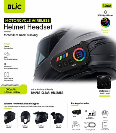 B06A Bluetooth 6.0 Motosiklet Kask Kulaklığı Intercom RGB Işıklı IP65 Su Geçirmez 1000mAh