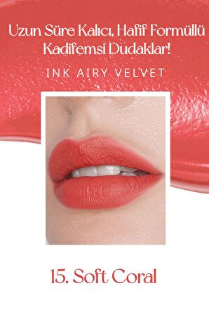 Uzun Süre Kalıcı ve Hafif Formüllü, Kadife Bitişli Tint Peripera Ink Airy Velvet (15 Soft Coral)