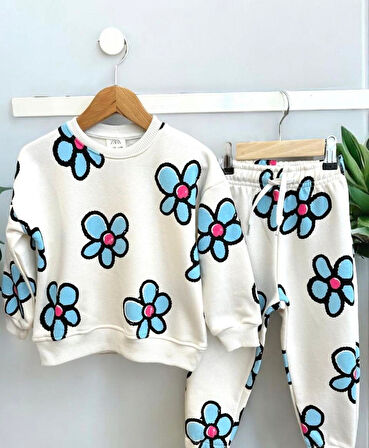 Cg Kids Blue Papatya Desenli Kız Çocuk Eşofman Takım 3 Ip Kumaş