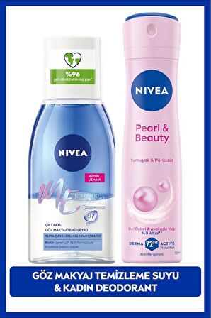 NIVEA Çift Fazlı Göz Makyaj Temizleme Suyu 125ml ve Kadın Sprey Deodorant Pearl&Beauty 150ml, 72 Saat Anti-perspirant Koruma