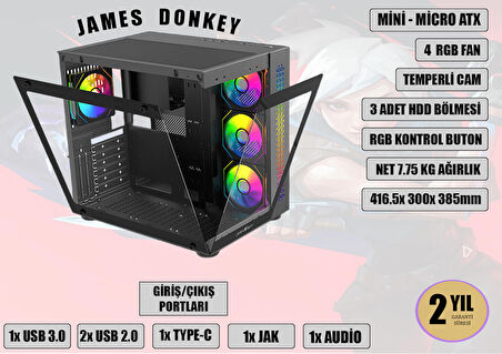 James Donkey Stark S800 4xARGB Temperli Cam 750W 80+ Bronze ATX Siyah Gaming (Oyuncu) Kasa