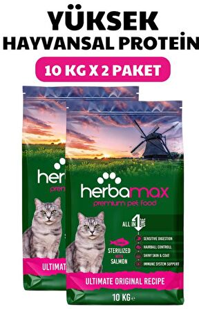 HerbaMax Sterilised Kısırlaştırılmış Somonlu ve Pirinçli Yetişkin Kedi Maması 20Kg (2x10Kg)