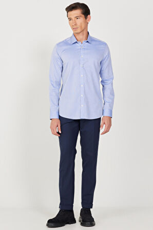 Erkek Mavi Ütüleme Gerektirmeyen Non-ıron Taılored Slim Fit Dar Kesim %100 Pamuk Desenli Gömlek