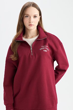 Regular Fit Fermuarlı Dik Yaka Baskılı İçi Yumuşak Tüylü Kalın Kumaş Sweatshirt Tunik