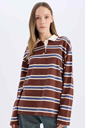 DeFacto Coool Loose Fit Polo Yaka Çizgili Uzun Kollu Tişört E4915AX25SPBN319