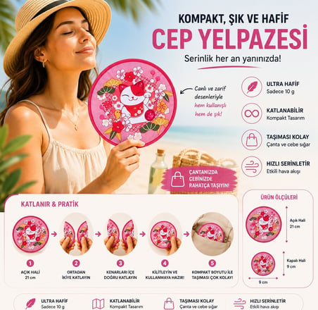 BakGelAl Katlanabilir Cep Yelpazesi – 21 cm Kılıflı Kore Yelpazesi | Ultra Hafif, Katlanabilir, 10 Farklı Desen Seçeneği | Plaj, Seyahat, Festival ve Günlük Kullanım İçin