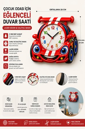 Çocuk Odası 3D Yarış Arabası Tasarımlı Ahşap Duvar Saati – Renkli Eğitici Dekoratif Saat