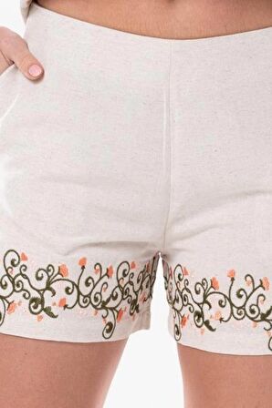 Krem Nakışlı Keten Yazlık Kısa Kadın Şort