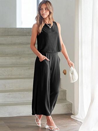 Barbora Keten Yazlık Yüksel Bel Capri Pantolon Sırt Detaylı Kolsuz İkili Takım Ln26siyah