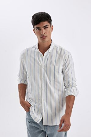 DeFacto Regular Fit Polo Yaka Çizgili Oxford Uzun Kollu Gömlek D3500AX24AUBE281