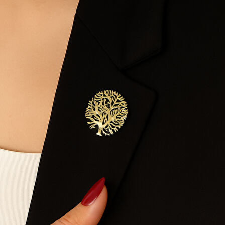 Hayat Ağacı Tasarımlı Yaka Broşu – Unisex, Altın Renk Çelik