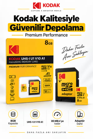 8GB microSDHC Hafıza Kartı UHS-I U1 V10 A1 85 MB/s Full HD Destekli SD Adaptörlü