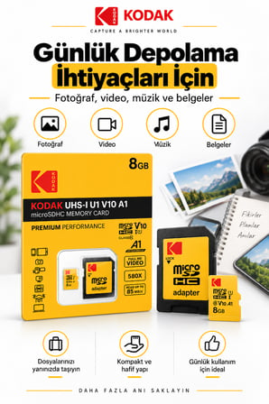 8GB microSDHC Hafıza Kartı UHS-I U1 V10 A1 85 MB/s Full HD Destekli SD Adaptörlü