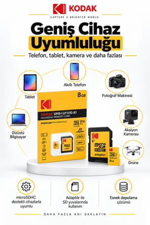 8GB microSDHC Hafıza Kartı UHS-I U1 V10 A1 85 MB/s Full HD Destekli SD Adaptörlü