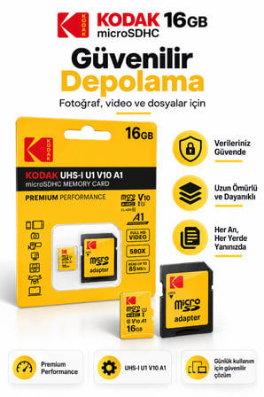 16GB microSDHC Hafıza Kartı UHS-I U1 V10 A1 Class 10 85 MB/s Full HD Destekli SD Adaptörlü