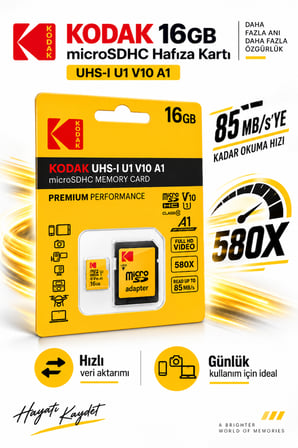 16GB microSDHC Hafıza Kartı UHS-I U1 V10 A1 Class 10 85 MB/s Full HD Destekli SD Adaptörlü