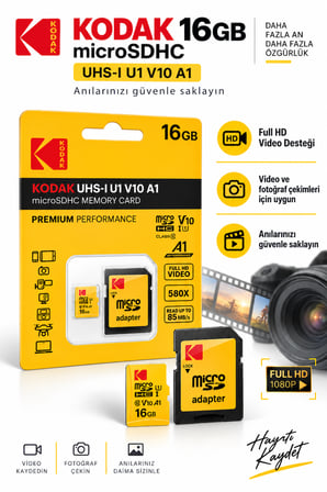 16GB microSDHC Hafıza Kartı UHS-I U1 V10 A1 Class 10 85 MB/s Full HD Destekli SD Adaptörlü