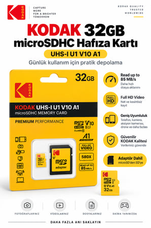 32GB microSDHC Hafıza Kartı UHS-I U1 V10 A1 Class 10 85 MB/s Full HD Destekli SD Adaptörlü