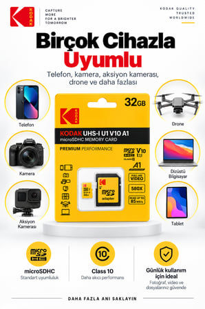 32GB microSDHC Hafıza Kartı UHS-I U1 V10 A1 Class 10 85 MB/s Full HD Destekli SD Adaptörlü