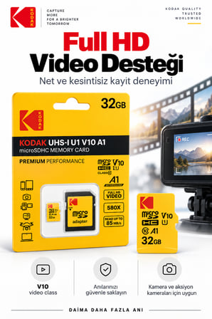 32GB microSDHC Hafıza Kartı UHS-I U1 V10 A1 Class 10 85 MB/s Full HD Destekli SD Adaptörlü