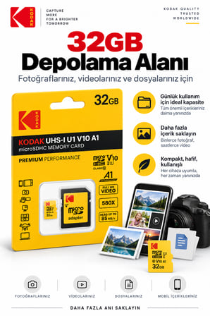 32GB microSDHC Hafıza Kartı UHS-I U1 V10 A1 Class 10 85 MB/s Full HD Destekli SD Adaptörlü