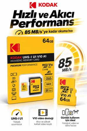 64GB microSDXC Hafıza Kartı UHS-I U1 V10 A1 85 MB/s Full HD SD Adaptörlü