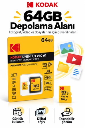 64GB microSDXC Hafıza Kartı UHS-I U1 V10 A1 85 MB/s Full HD SD Adaptörlü