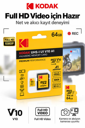 64GB microSDXC Hafıza Kartı UHS-I U1 V10 A1 85 MB/s Full HD SD Adaptörlü