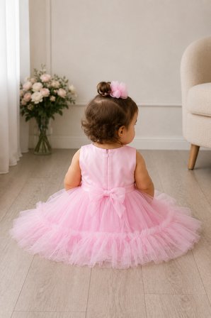 Kız Bebek Pembe Tüllü Payetli Fiyonk Detaylı Abiye Elbise 9999