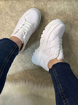 Günlük Kadın Sneaker Kalın Yüksek Taban Bağcıklı Rahat Tiger Şeritli Spor Ayakkabı 032